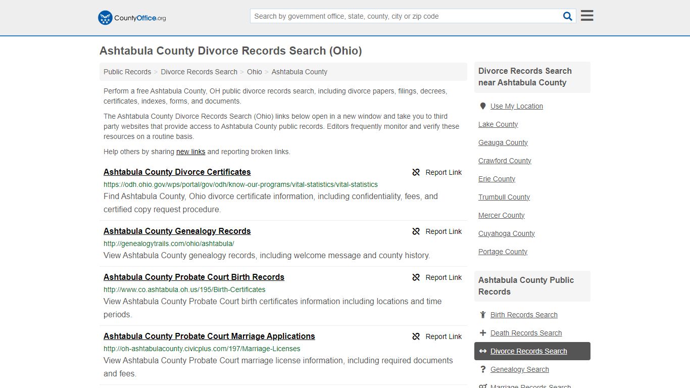 Ashtabula County Divorce Records Search (Ohio) - County Office