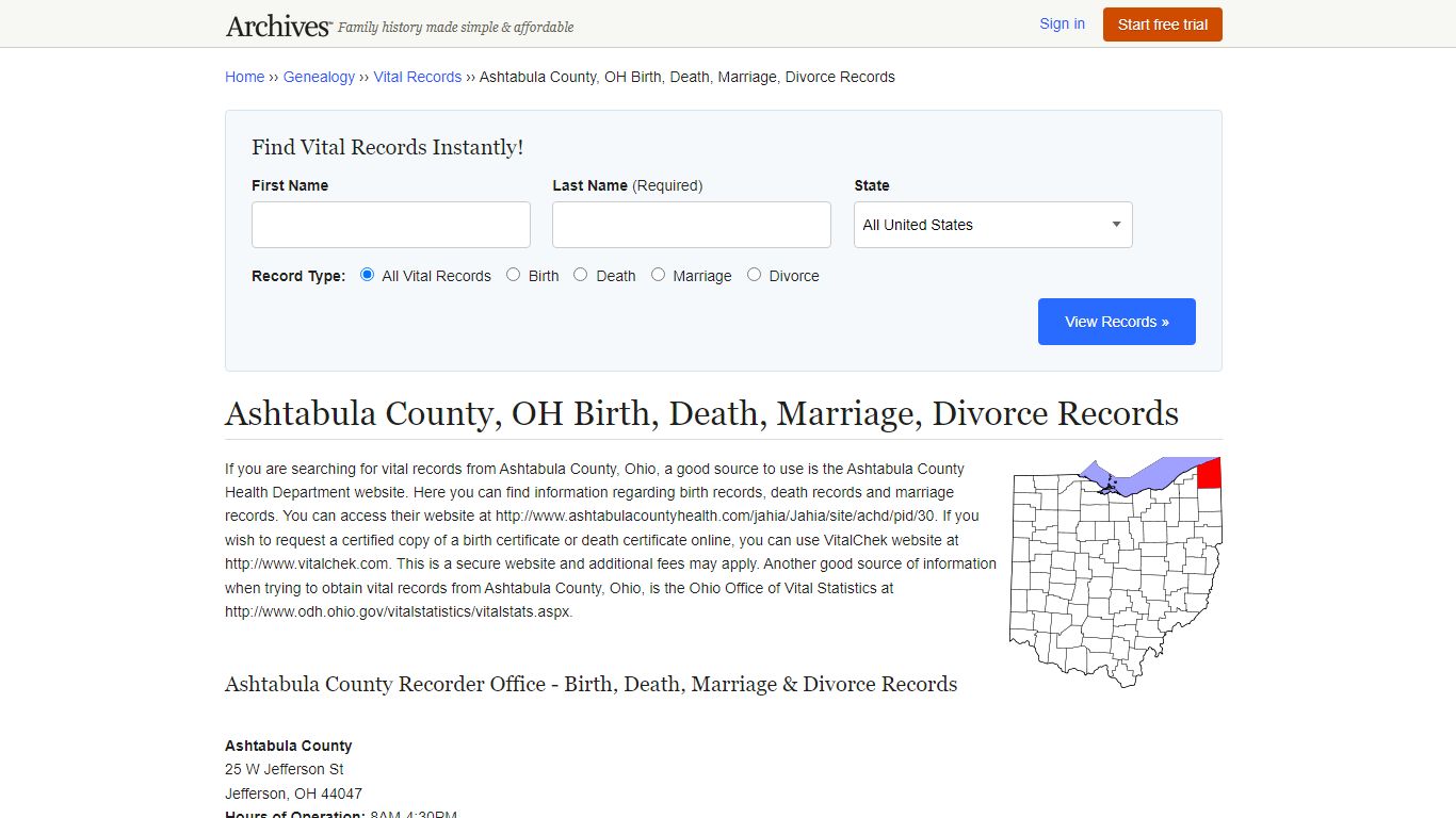Ashtabula County, OH Birth, Death, Marriage, Divorce Records - Archives.com